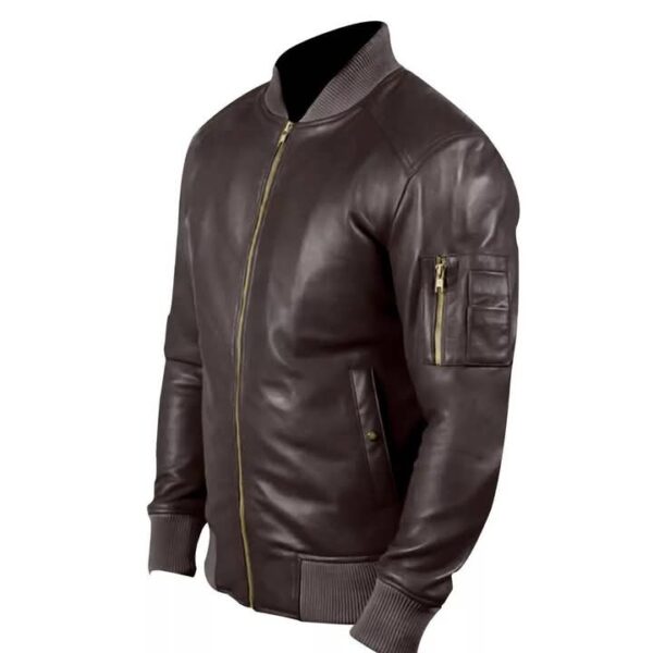 Men's Premium Brown Leather Bomber Jacket - Image 3