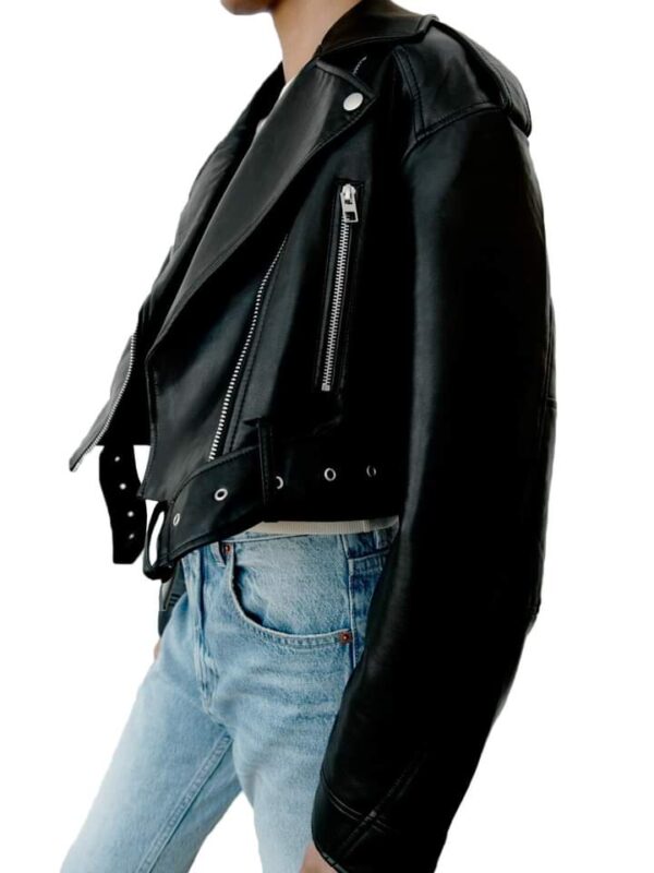 Women's Classic Black Cropped Leather Biker Jacket - Image 5