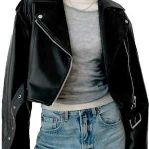 Women's Classic Black Cropped Leather Biker Jacket