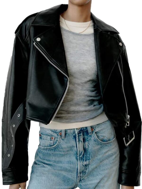 Women's Classic Black Cropped Leather Biker Jacket