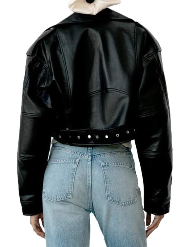 Women's Classic Black Cropped Leather Biker Jacket - Image 3