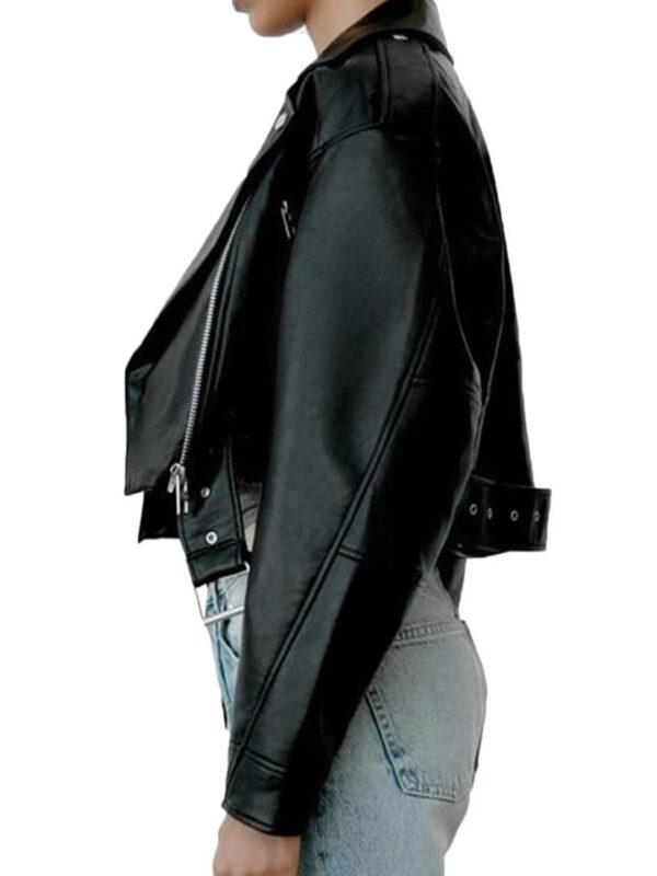 Women's Classic Black Cropped Leather Biker Jacket - Image 4