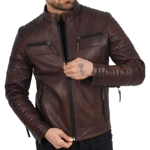 Premium Brown Leather Biker Jacket for Men - Image 4