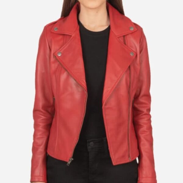 Stylish Women's Red Leather Moto Jacket