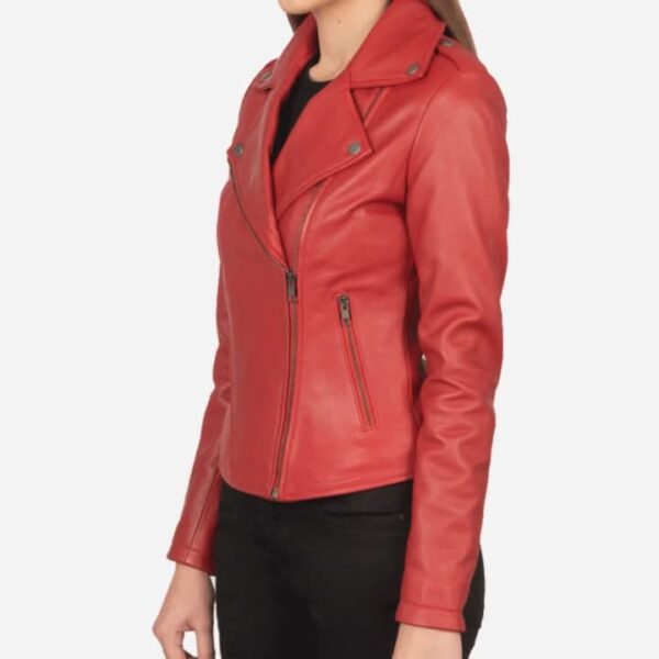 Stylish Women's Red Leather Moto Jacket - Image 3