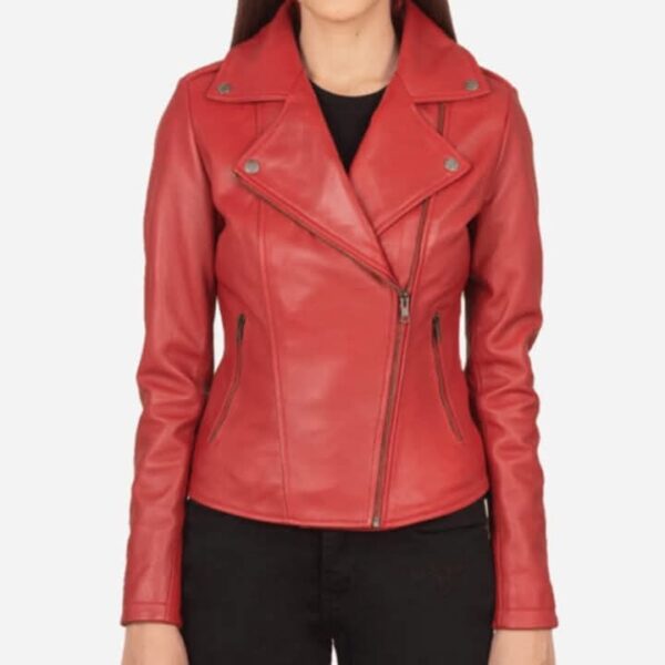 Stylish Women's Red Leather Moto Jacket - Image 5