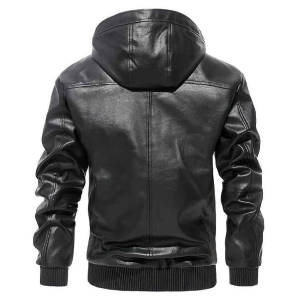 Men's Black Leather Hooded Jacket with Plaid Lining - Premium Style - Image 6