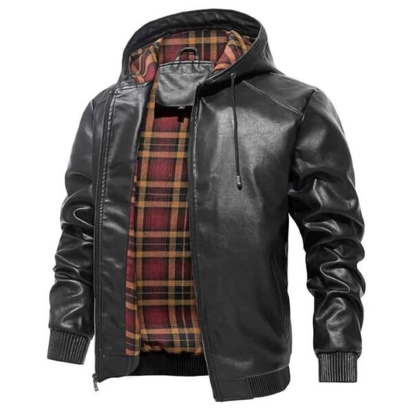 Men's Black Leather Hooded Jacket with Plaid Lining - Premium Style