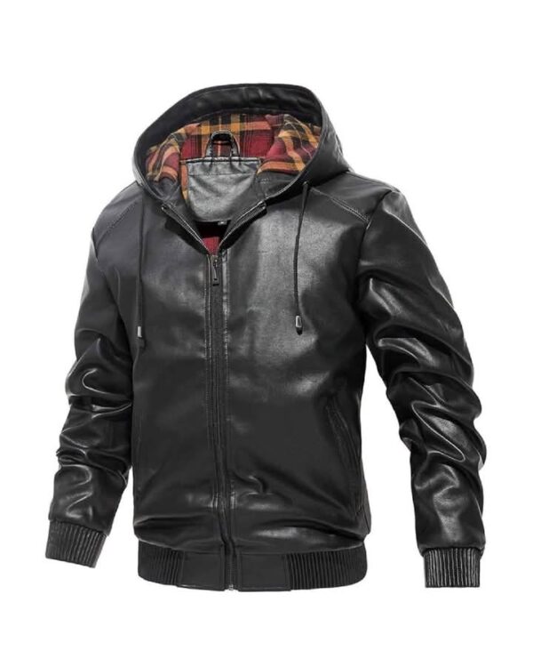 Men's Black Leather Hooded Jacket with Plaid Lining - Premium Style - Image 3