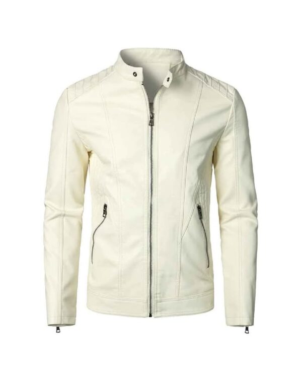 Men's White Leather Biker Jacket - Stylish and Sleek Design - Image 2