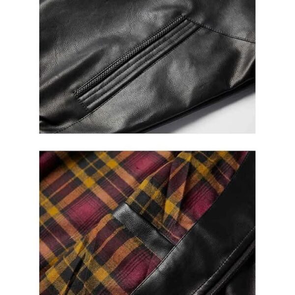 Men's Black Leather Hooded Jacket with Plaid Lining - Premium Style - Image 4