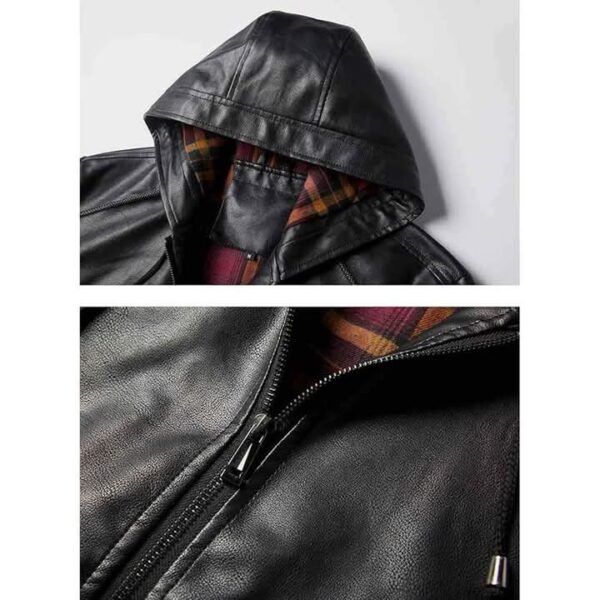 Men's Black Leather Hooded Jacket with Plaid Lining - Premium Style - Image 5