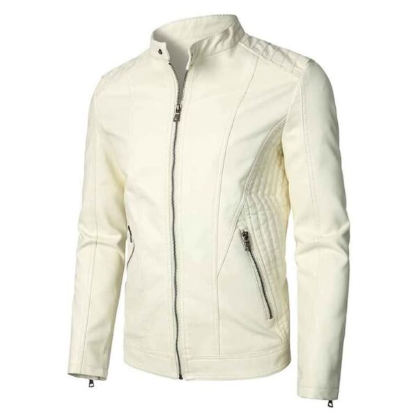 Men's White Leather Biker Jacket - Stylish and Sleek Design