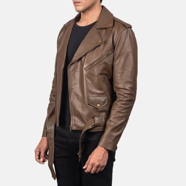 Bold and Rugged Men's Brown Leather Moto Jacket with Belted Waist - Image 2