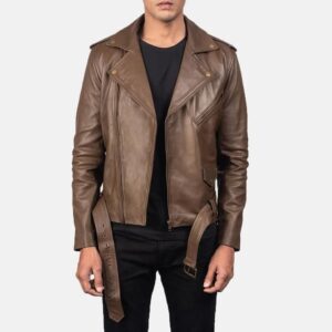 Bold and Rugged Men's Brown Leather Moto Jacket with Belted Waist