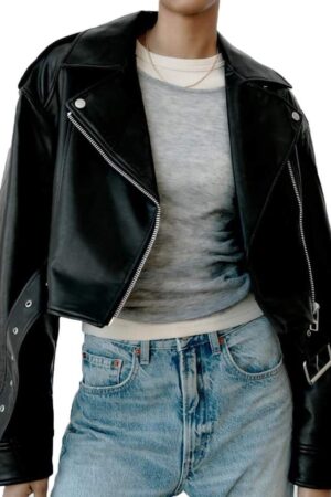 Women's Classic Black Cropped Leather Biker Jacket