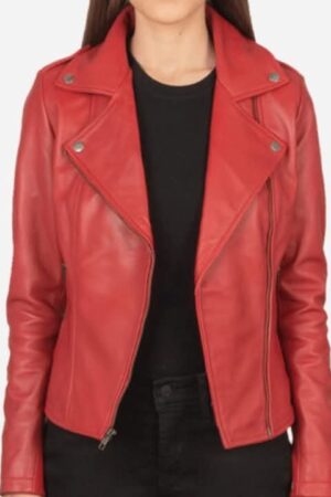 Stylish Women's Red Leather Moto Jacket