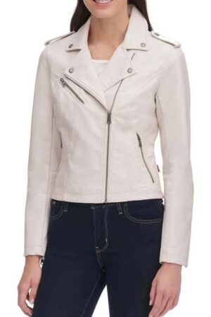Stylish Women's White Leather Biker Jacket - Premium Finish