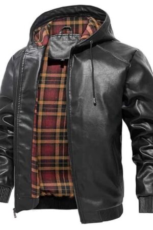 Men's Black Leather Hooded Jacket with Plaid Lining - Premium Style
