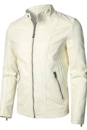 Men's White Leather Biker Jacket - Stylish and Sleek Design