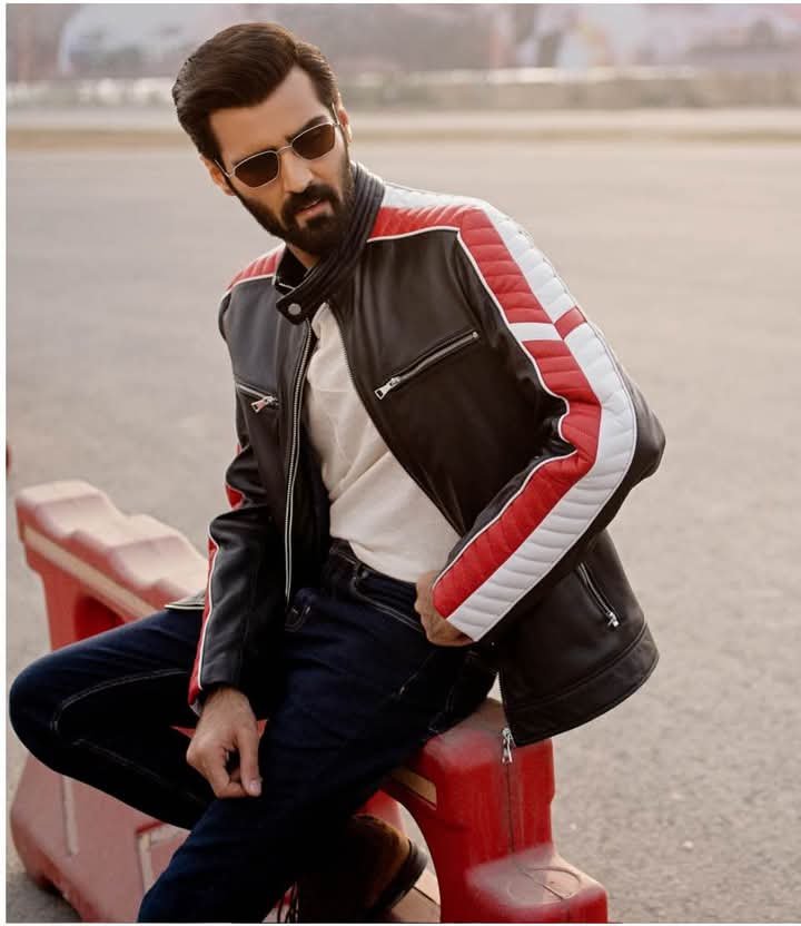 Men's Black Leather Racer Jacket with Red & White Stripes - Image 2