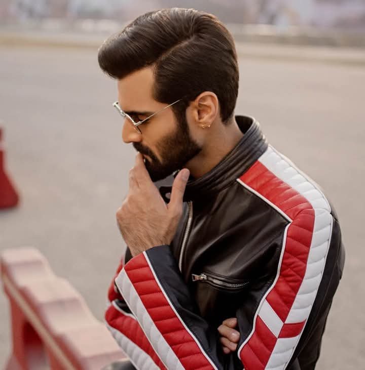 Men's Black Leather Racer Jacket with Red & White Stripes - Image 3