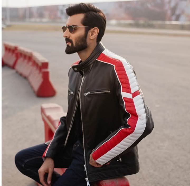 Men's Black Leather Racer Jacket with Red & White Stripes - Image 4