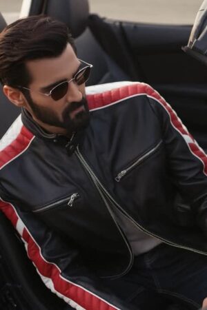 Men's Black Leather Racer Jacket with Red & White Stripes