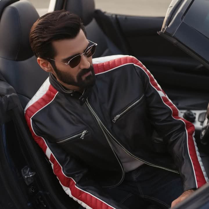 Men's Black Leather Racer Jacket with Red & White Stripes