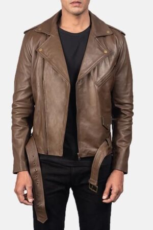 Bold and Rugged Men's Brown Leather Moto Jacket with Belted Waist