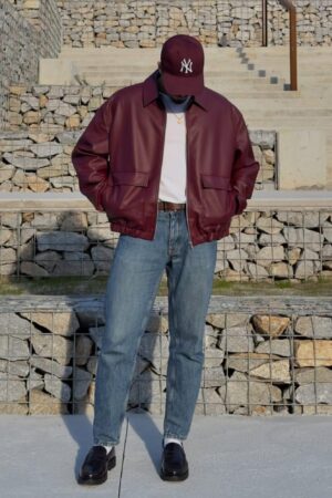Burgundy Leather Bomber Jacket