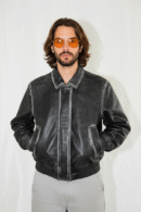 Distressed Black Leather Boxy Bomber Jacket