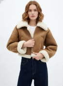 Womens Cropped Shearling Aviator Jacket Faux Suede