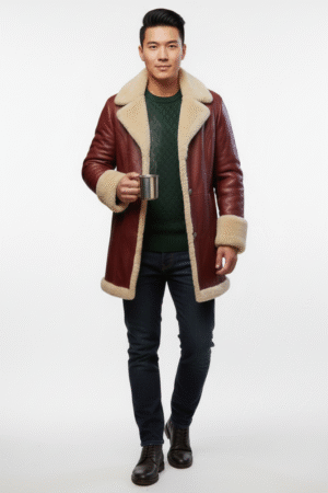 Men's Classic Shearling Sheepskin Coat - Burgundy Leather and Faux Fur Trench