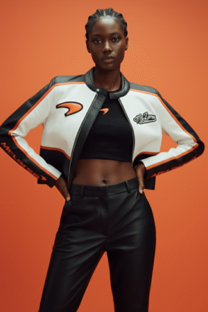 McLaren F1 Colourblock Leather Biker Jacket in Black/Papaya